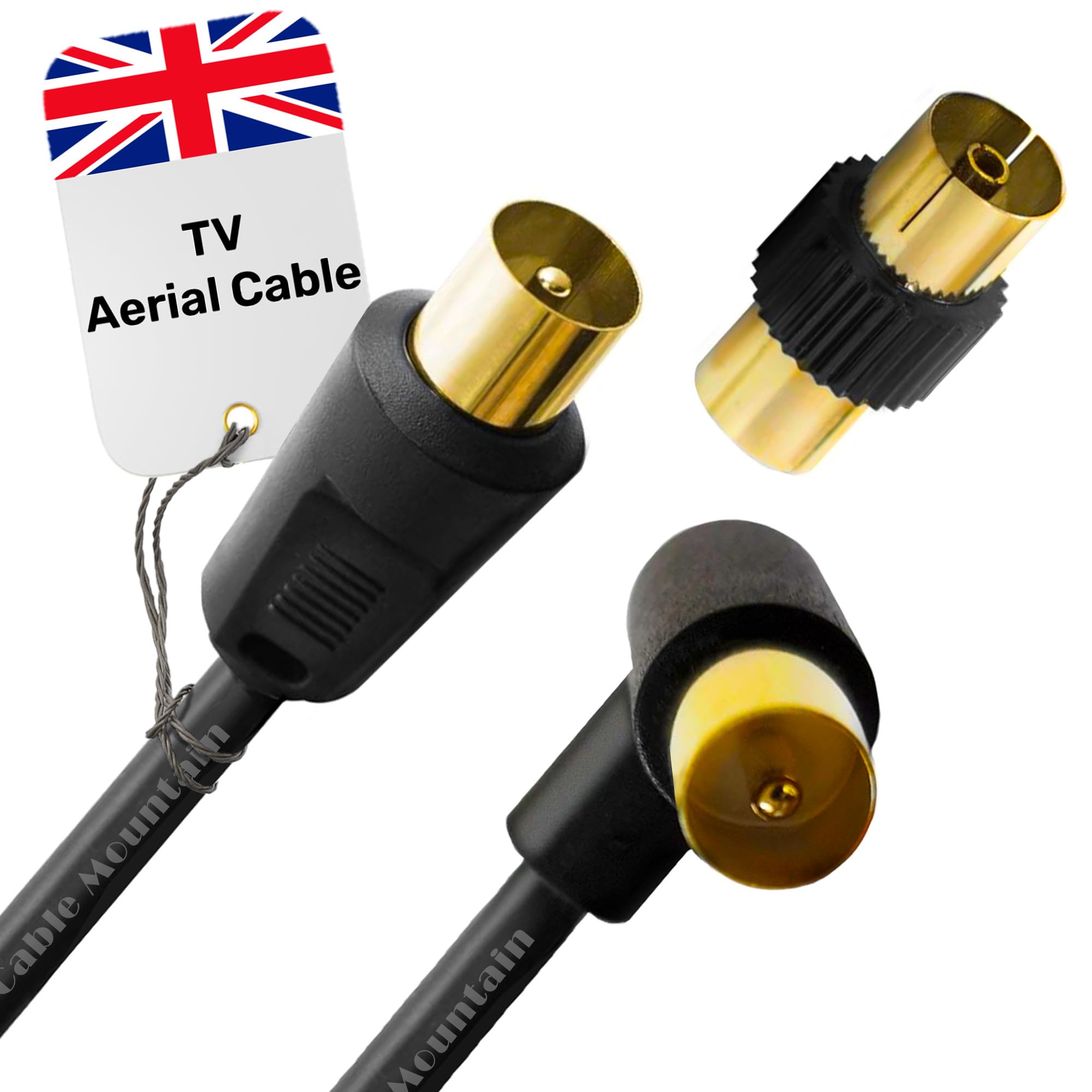 Cable Mountain 1m TV Aerial Cable - Coaxial RF Extension Lead (Right Angle to Straight) with Gold Plated Connectors | Flush Wall Mounted Antenna Wire for Smart TV & Freeview (Black)