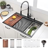 33 Inch Black Drop In Kitchen Sink - VOKIM33x22Inch Top Mount Sink | Workstation Stainless Steel Drop In Sink 16 Gauge Single Bowl 10'' Deep Handmade Kitchen sink with Cutting Board&amp; Strainer