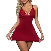 Crexomi Women Sexy Side Slits Lace-trimmed Sleepwear Dress Chemise Babydoll Lingerie Modal Nightgown with Thong