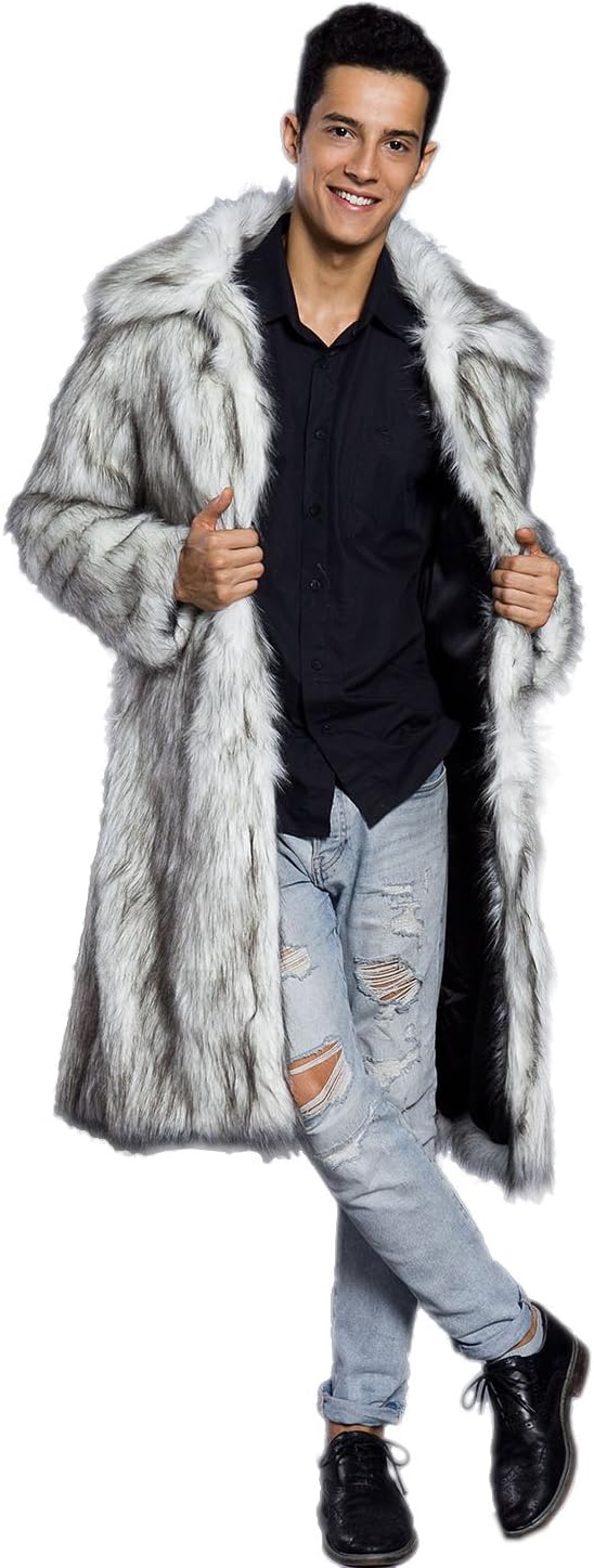 Amore BridalMens Faux Fur Coat Long Sleeve Jacket Warm Furry Overcoat Outwear Brown