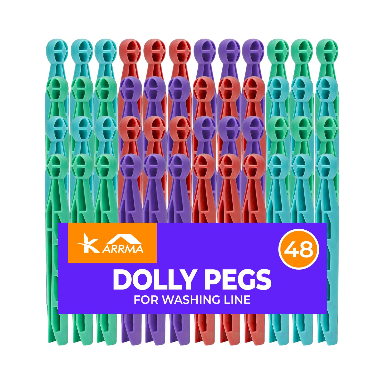 Karrma Ltd. 48pk Plastic Dolly Pegs for Washing Line Heavy Duty Strong Grip Clothes Pegs Reusable Indoor Outdoor Laundry Dolly Pegs Weather Resistant Multicoloured