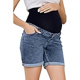 OVRUNS Women Maternity Jean Shorts Over The Belly Stretchy Comfy Rolled Cuff Pregnancy Denim Shorts with Pockets
