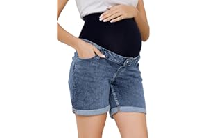 OVRUNS Women Maternity Jean Shorts Over The Belly Stretchy Comfy Rolled Cuff Pregnancy Denim Shorts with Pockets