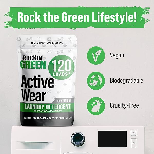 ROCKIN’ GREEN LAUNDRY DETERGENT, PLANT BASED, ALL NATURAL LAUNDRY DETERGENT POWDER, VEGAN AND BIODEGRADABLE ODOR FIGHTER, SAFE FOR SENSITIVE SKIN (ACTIVE WEAR 120 LOADS – UNSCENTED)