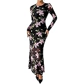 BTFBM Wedding Guest Dresses for Women Spring Fashion 2026 Bodycon Crew Neck Long Sleeve Boho Mesh Floral Maxi Fall Dress
