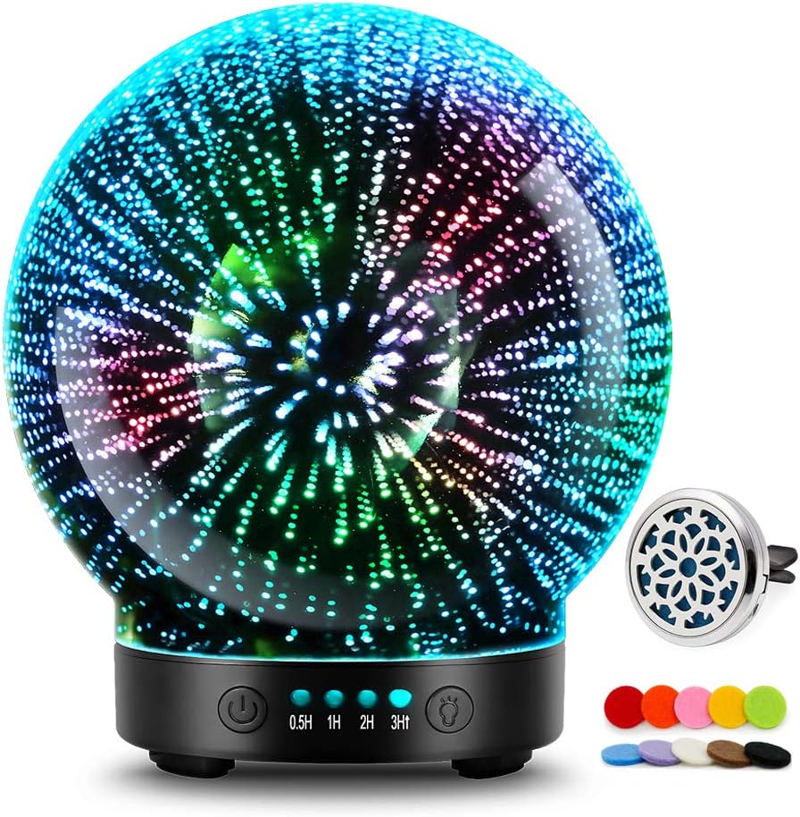 3D Glass Aromatherapy Essential Oil Diffuser – Newest Version fragrance oil Humidifier, 7 LED Color lighting modes firework theme, Premium Ultrasonic mist, Auto-Off Safety Switch (Black)
