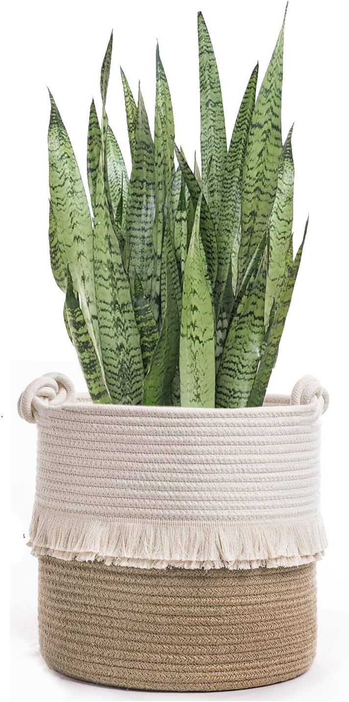 Sturdy Jute Cotton Rope Boho Basket with Fringe - 11" Open Diameter x 11" Height - Decorative Woven Storage Basket for Potted Plants, Home Organization
