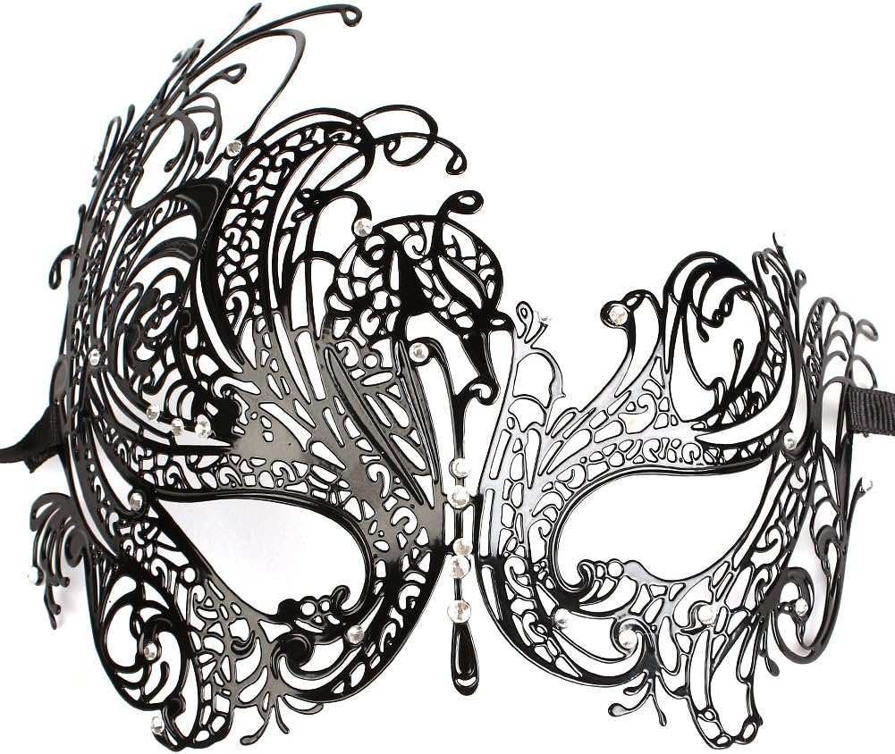 GREATLY Diamante Rhinestone Luxury Venetian Style Metal Filigree Masquerade Mask Prom Ball Dress Sexy Mask For Halloween Mardi Gras Party (Black)