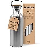 Bambaw Stainless Steel Single Wall Water Bottle, 24 oz, 750 ml, Reusable, Leakproof, Dishwasher Safe, BPA Free, Ideal for Travelling, Hiking, Yoga
