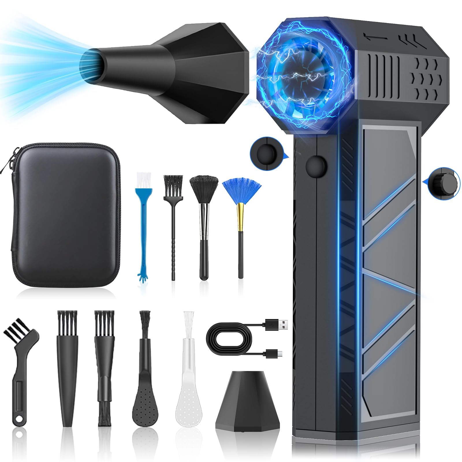 Fcalvy エアダスター ブロワー 洗車 電動エアダスター充電式 250000rpm高速回転 最大風速 120m/s 無階風量調整 20,000mAh大容量バッテリー エアダスター 電動 ブラシレスモーター Type-C充電式 小型軽量 過熱保護 2種類ノズル付きPC掃除/バーベキュー/キーボード/車内/網戸/エアコン/洗車用 収納ボックス付き ブラシ付き 日本語取扱説明書付き商品画像