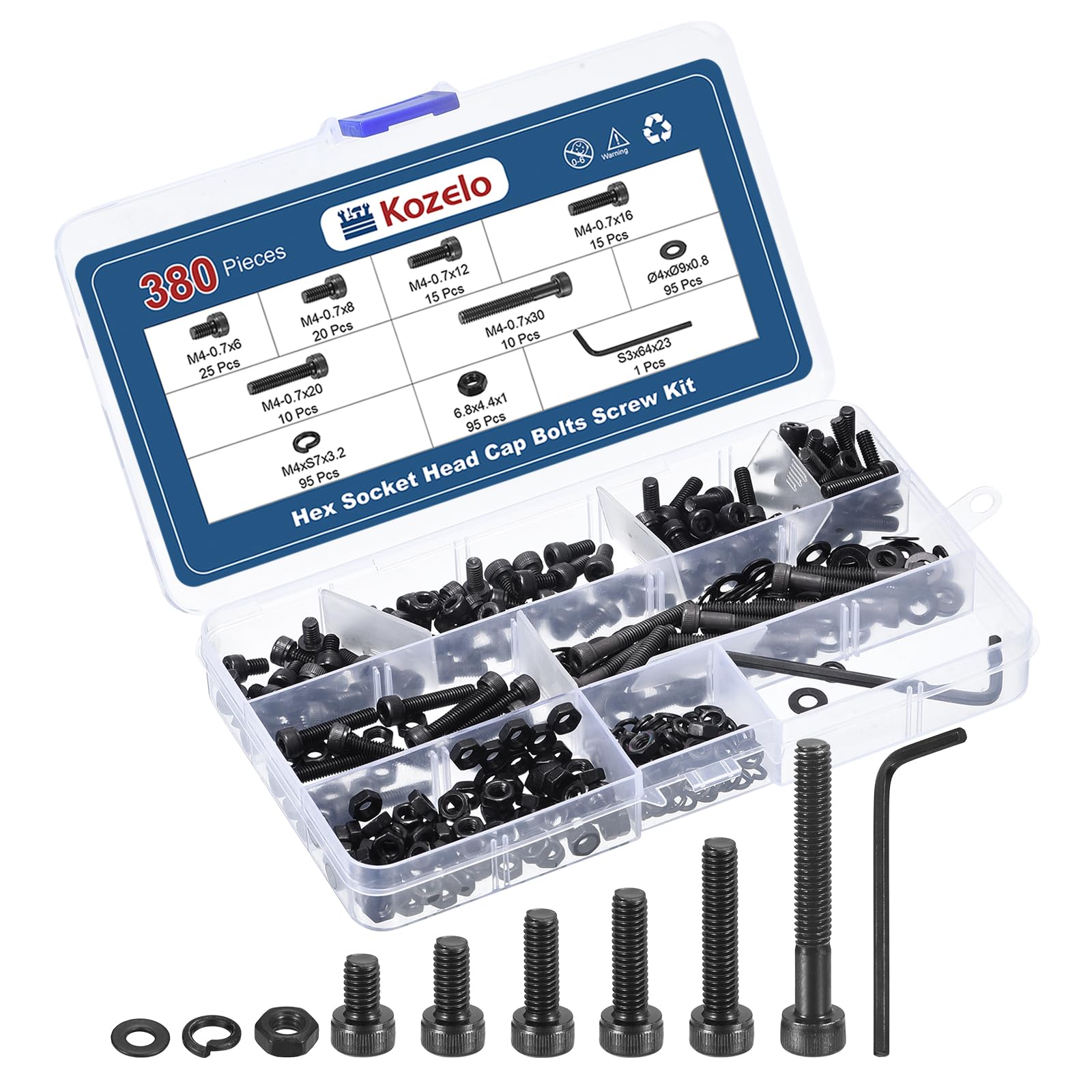 Kozelo 380pcs M4 Socket Head Cap Screws Bolts Nuts Assortment Kit - [M4x6/8/12/16/20/30mm] Alloy Steel Fully Threaded Black Oxide 12.9 Internal Hex Screw for 3D Printer Use, with Wrench — image 1