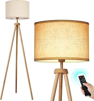 OUTON Solid Wood Tripod Floor Lamp, Dimmable LED with Remote, 4 Color Temps