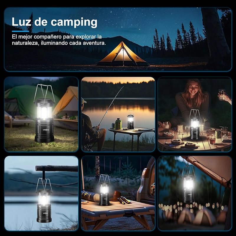 Paquete de 2 linternas LED para acampar, lampara camping, kit de supervivencia para huracanes, emergencias, tormentas, apagones (negro, plegable)