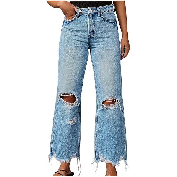 cffvdiz Women's Ripped Bell Bottom Jeans High-Rise Distressed Raw