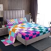Feelyou Multicolored Checkered Retro Bedding Sets Kids Boys Girls Geometric Vintage Bed Sheets Full Size Rainbow Colorful Fitted Sheet Set Modern Simple Groovy Aesthetic Room Decor