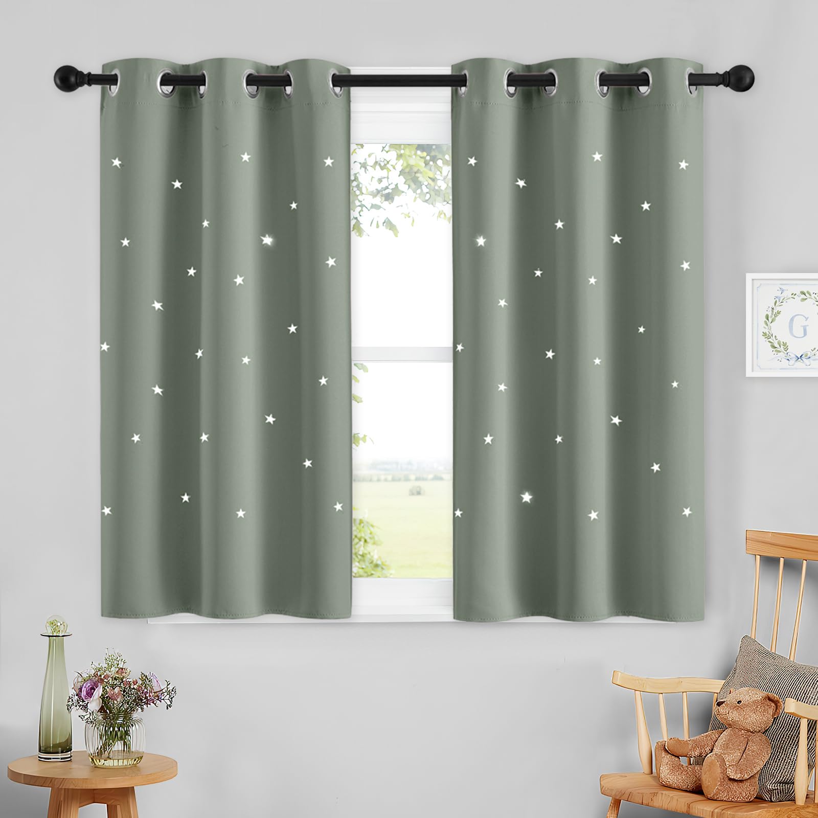 Photo 1 of NICETOWN Blackout Star Curtains for Kids Room Boys Girls Twinkle Stars Thermal Insulated Cute Soft Curtain Drapes, Grommet Top Short Covering for Small Window, 1 Panel, 34" W x 45" L, Sage Green