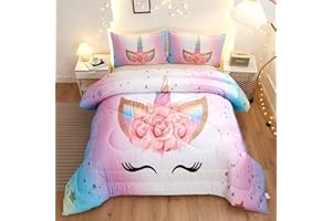 Namoxpa Unicorn Bedding 3 Piece Flower Girl Comforter Sets,Cartoon Unicorn Bedspreads Cute Comforter Sets for Teens and Girls,Twin Size