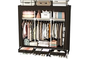 LEAIJIAFY Portable Amories Closet Wardrobe with Non Woven Fabric Cover,59 Inch Large Metal Clothes Rack Storage Closet with 3