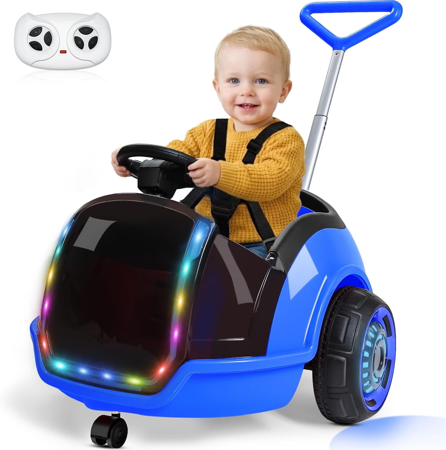 ANPABO 3-in-1 Electric Push Ride On Car, 12V Kids Ride On Toy w/Remote Control, 360° Spin, 5-Point Safety Belt, Colorful LED Light, Music Player, Push Car for Toddler Ages 1-3 (Blue)