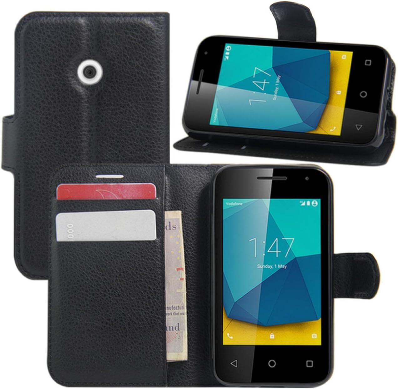 HualuBro Vodafone Smart First 7 Case, Premium PU Leather Wallet Flip Phone Protective Case Cover with ID Credit Card Slots Holder for Vodafone Smart First 7 Smartphone (Black)