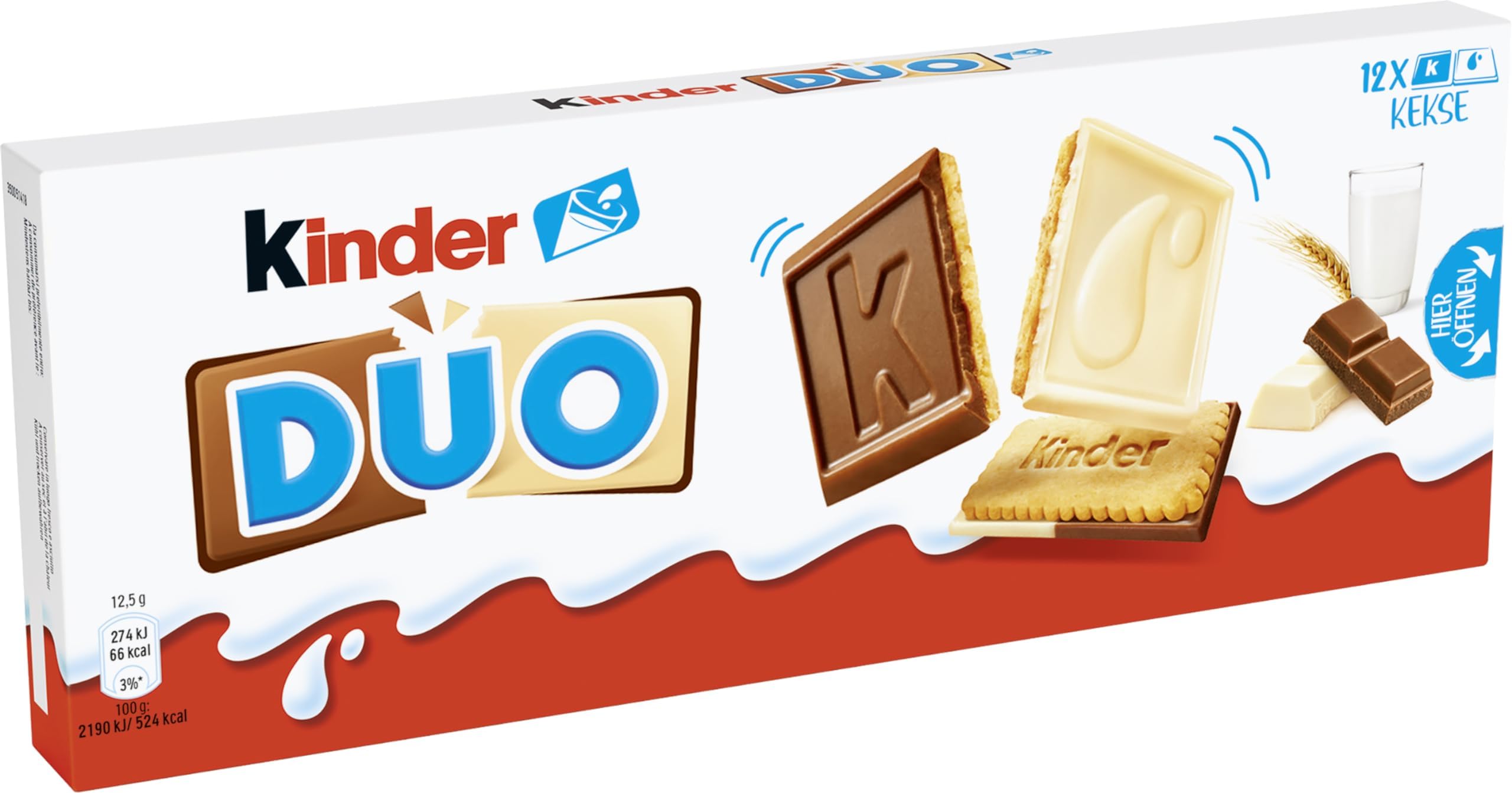 kinder DUO – Knusprige Kekse mit Schokoladentäfelchen aus Vollmilch- und weißer Schokolade – Leckerer Snack für zwischendurch – Süßigkeiten für Karneval & Fasching – 1 Packung à 150g mit 12 Keksen