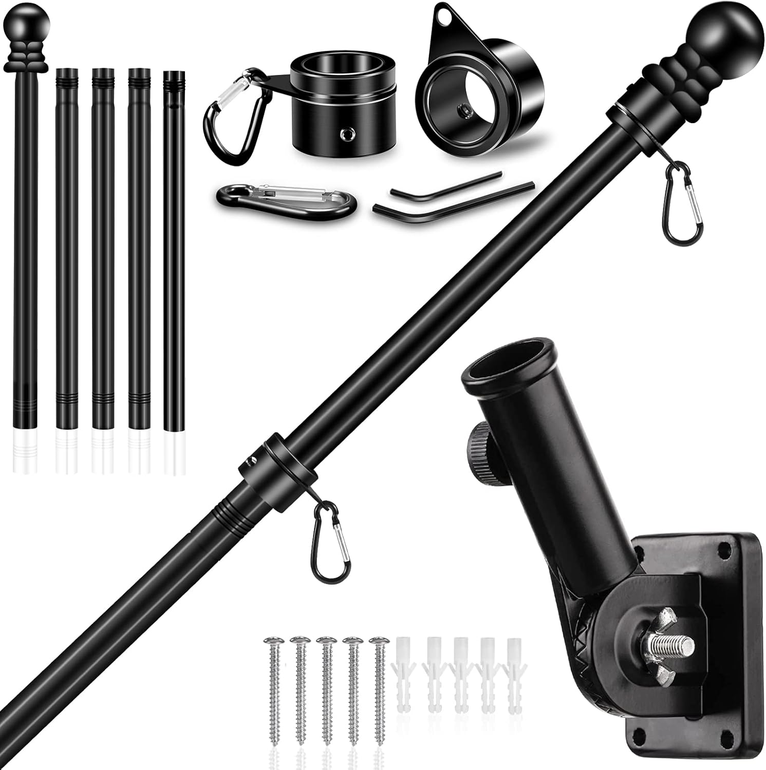 Flagpole Hardware - Upgraded Flag Pole Kit w/Mutil-Position Adjustable Bracket Holder & w/Spinning Rings - 5FT to 6Ft 1