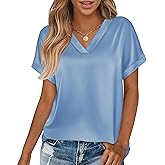 MASCOMODA Womens V Neck Silk Satin Tops Dressy Short Sleeve Work Blouses Spring Summer Loose T Shirts Business Casual Outfits