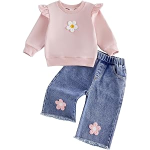 ZIXILOVGIR Baby Girl Clothes Toddler Fall Outfits Floral Ruffle Long Sleeve Sweatshirt and Jeans Pants Girls Denim Outfit