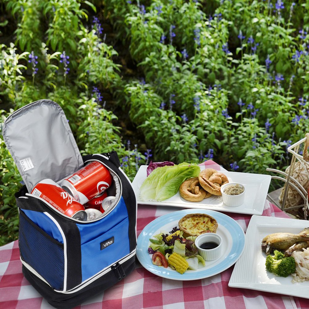 Vina Insulated Lunch Bag, Dual Compartment Reusable Bento Lunch Box Cooler Tote with Shoulder Strap for Adult and Kids, Blue