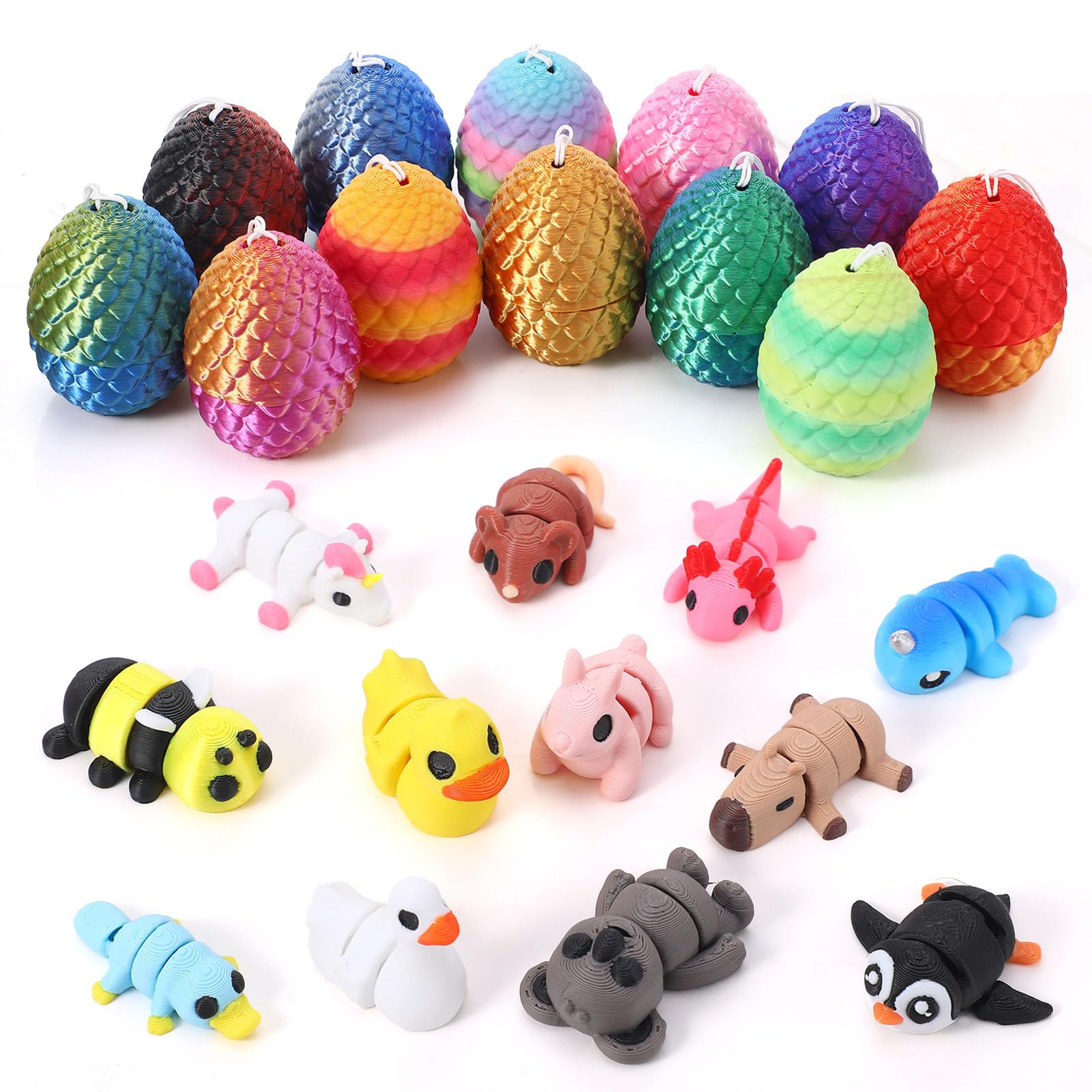 GSrenyu 12 Pcs 3D Printed Mini Animals with Eggs, Cute Flexible Movable Joint 3D Printed Animal Fidget Toy for Home Office Desk Decoration Kids Party Favors Toys