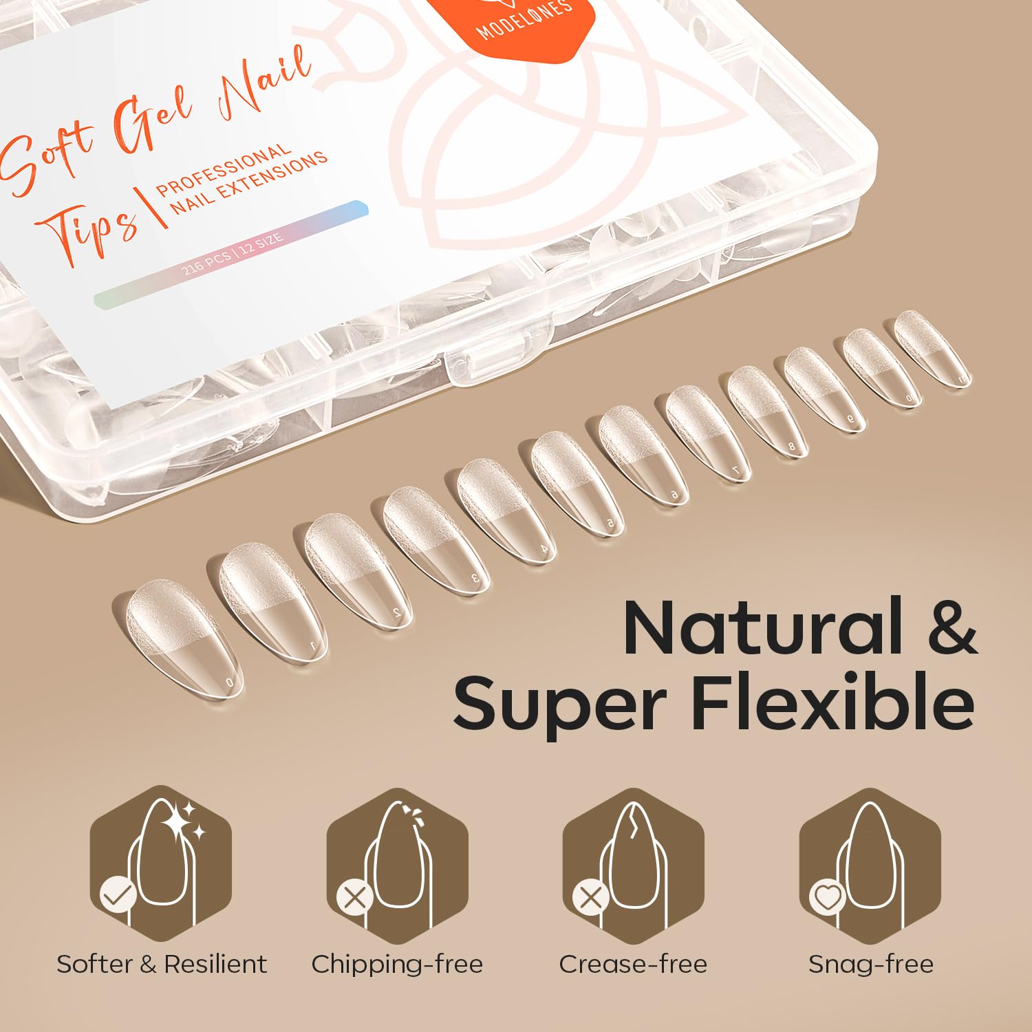 modelones Medium Almond Nail Tips, Pre-shaped Soft Gel Tips Fake Nails False Acrylic Clear Full Cover Press on Extension Kit Gel Manicure DIY at Home 216PCS 12Sizes - Image 5