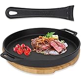 10 inch Round Cast Iron Skillet with Removable Handle for Pizza Oven and BBQ Accessories, Sizzler Pan Pizza Pan with Wooden B