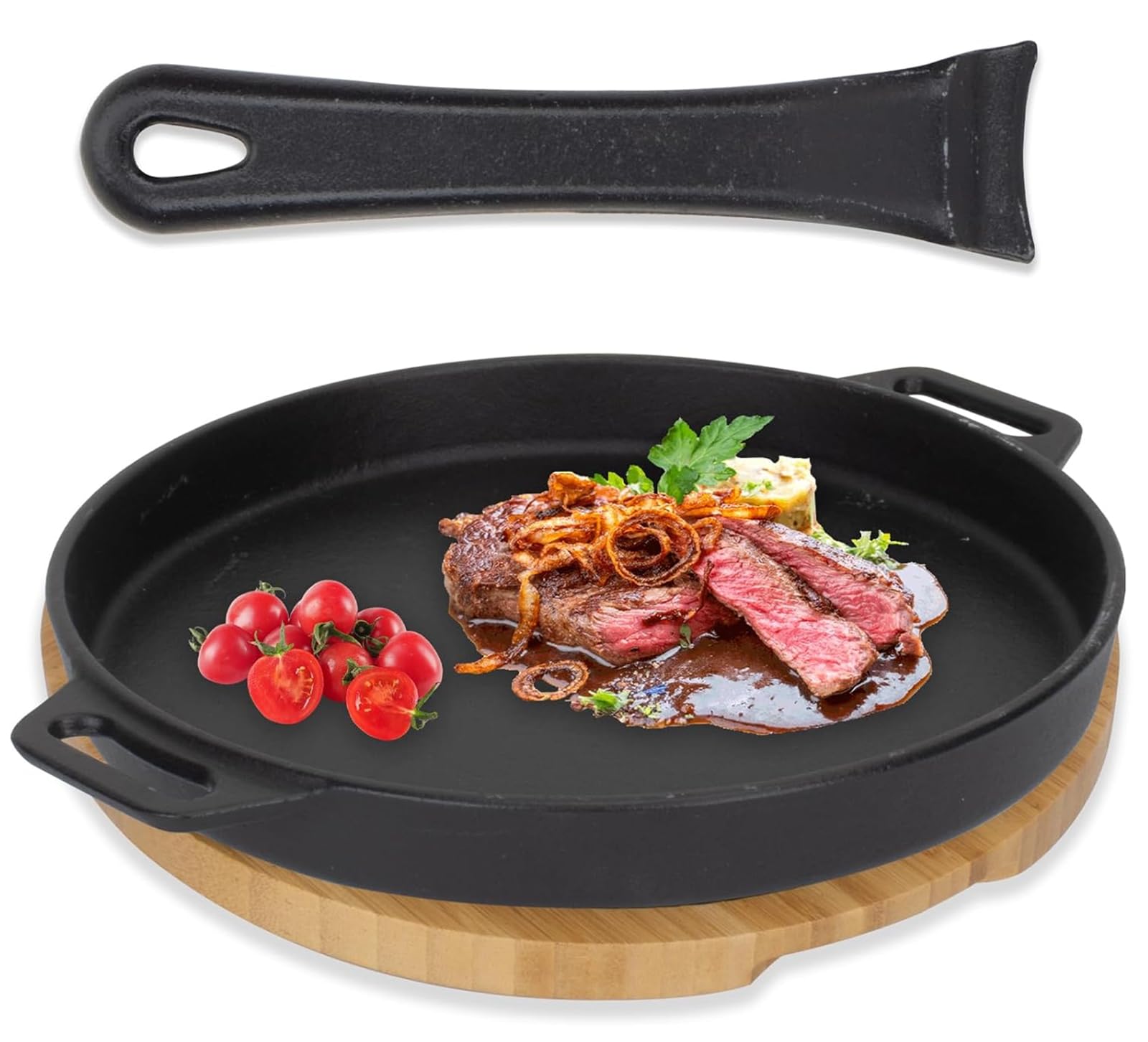 Photo 1 of 10 inch Round Cast Iron Skillet with Removable Handle for Pizza Oven and BBQ Accessories, Sizzler Pan Pizza Pan with Wooden Base for Outdoor, Oven Safe Skillet, Kitchen Saute Fry Pan for Stove Top