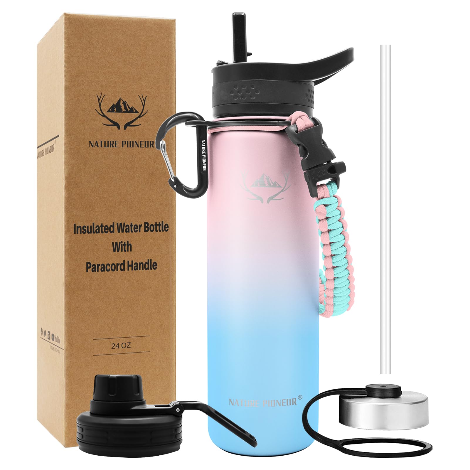 Photo 1 of (OUT OF PACKAGE) NATURE PIONEOR Insulated Water Bottles with Paracord Handle - 24 oz Vacuum Sports Wide Mouth Water Bottle with 3 Lids, Leak Proof Stainless Steel Keeps Hot and Cold