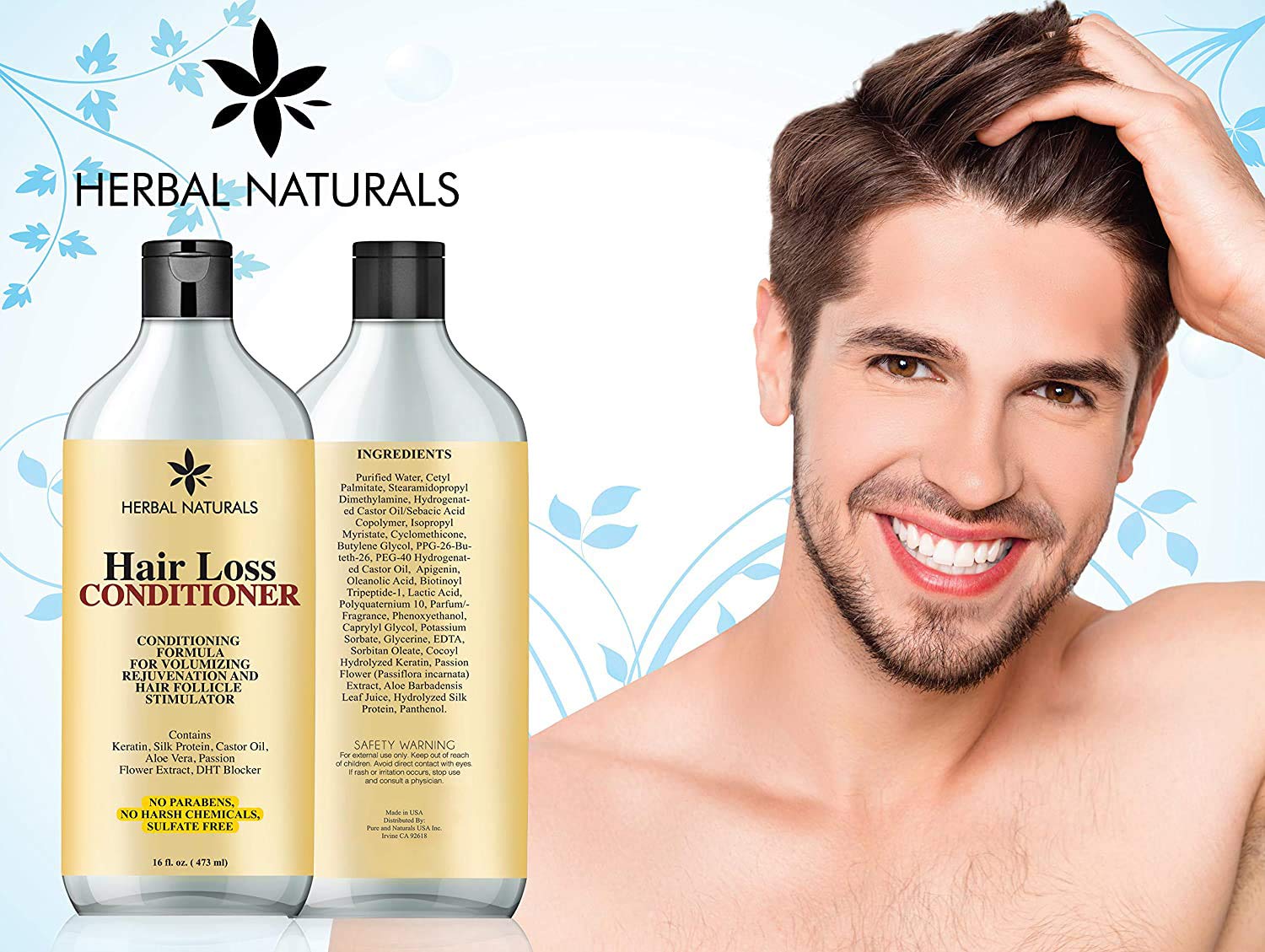 Herbal Naturals Hair Loss Conditioner Infused with Keratin, Natural Ingredients - Provides Hair Growth Stimulation, Hair Thickening, Nourishment and adds Volume, For All Hair Types Men and Women 16 fl Oz: Beauty