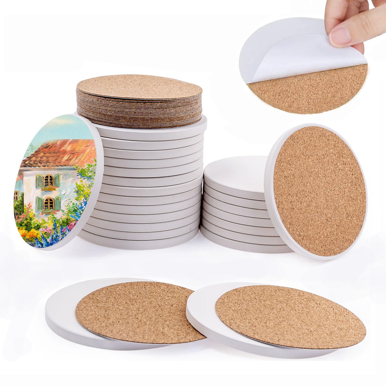 24 Pcs White Ceramic Coasters for Crafts, 10×10 cm Blank Round Coaster Tiles with Cork Sheet Pads, Unglazed Ceramic Tile for Painting DIY Arts Craft Project