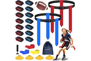 Spardar Flag Football Set, 14 Players Adjustable Flag Football Belts with Size 3 Football, 4 Practice Cones, Pump and Bag