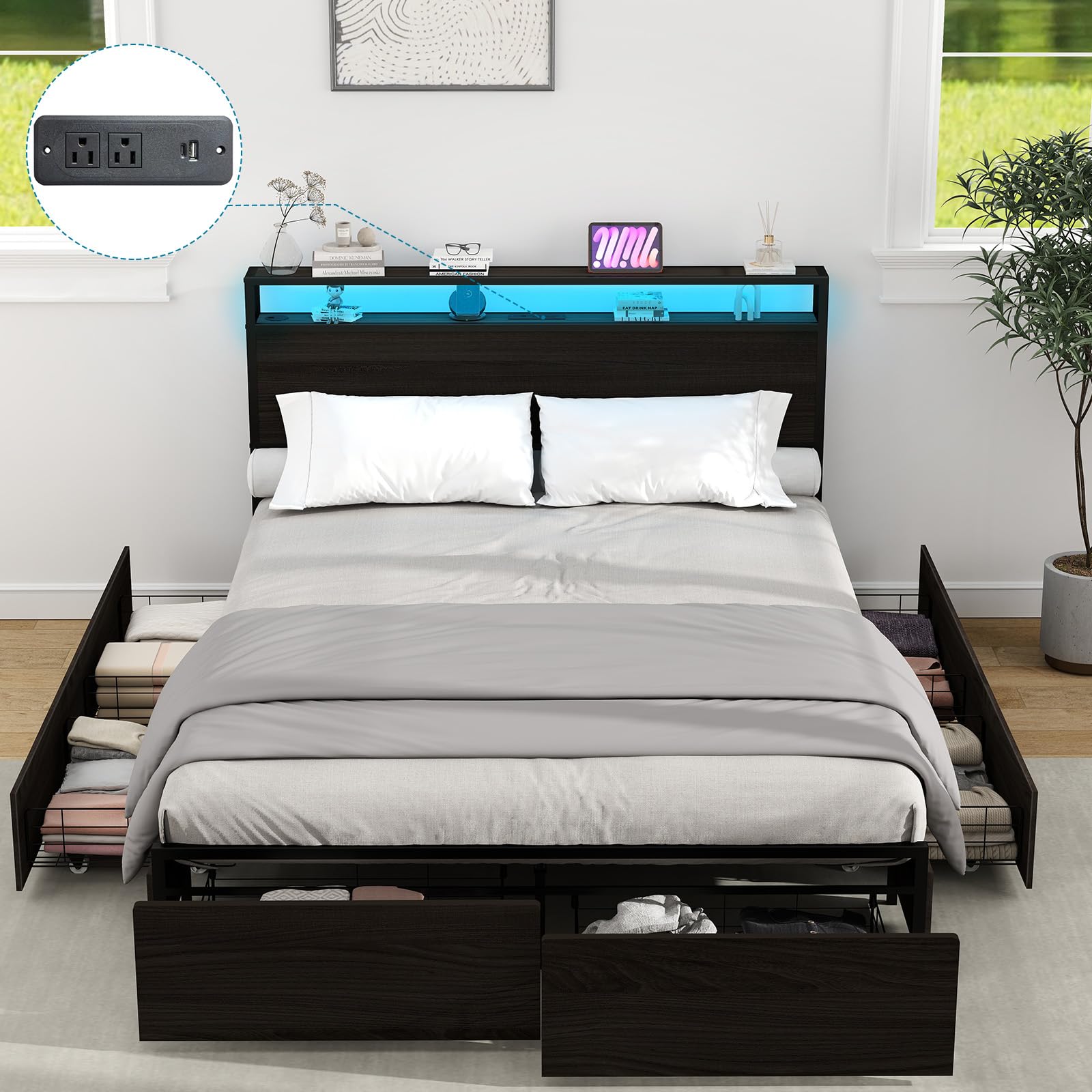 Photo 1 of Kiivakii Queen Size Bed Frame with Headboard, LED Platform Bed with 6 Storage Drawers, Built in Charging Station, Noise-Free, Metal Support Base, No Box Spring Needed, Black