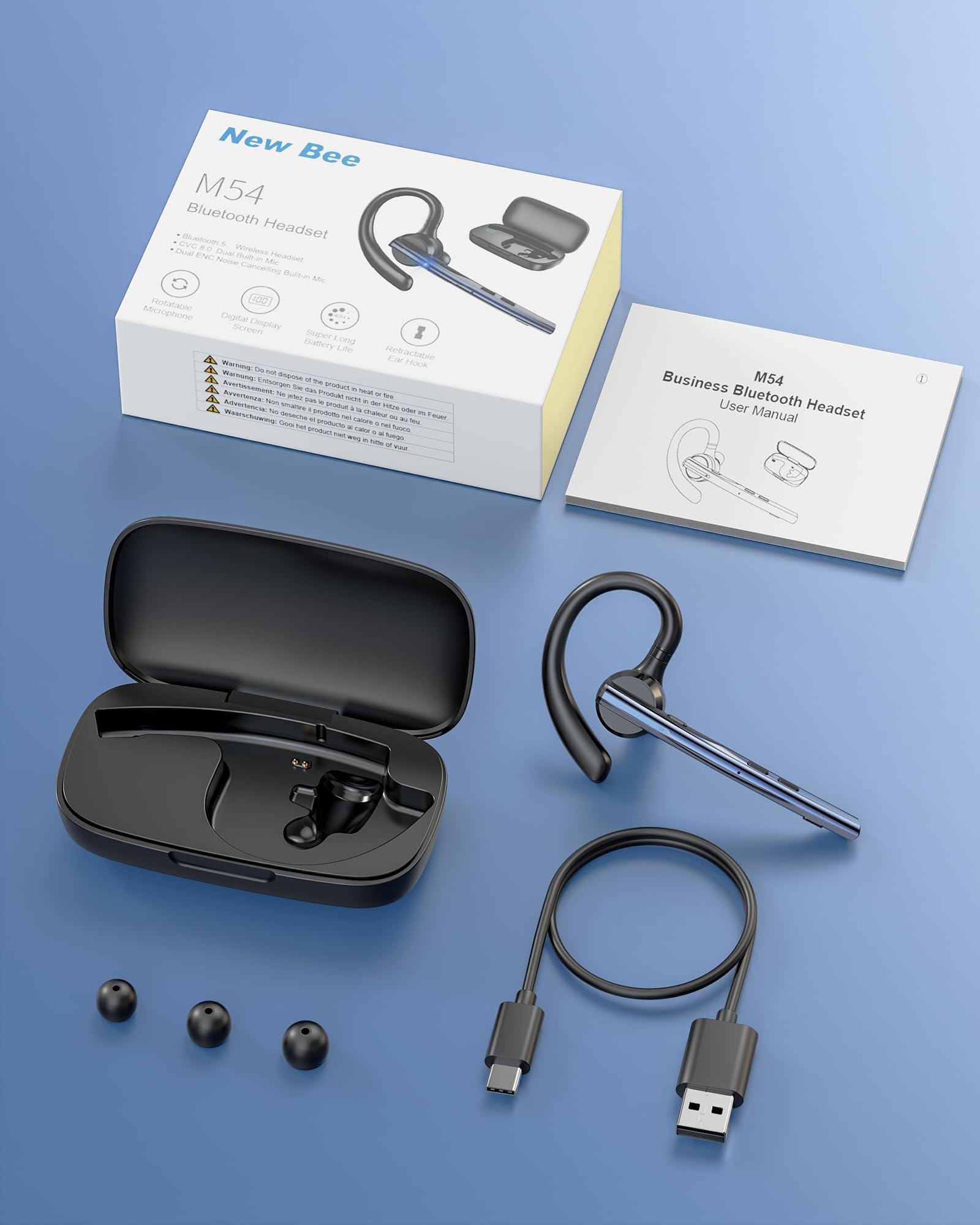 New Bee Bluetooth Headset V5.1 Bluetooth Earpiece Dual Mic with 500mAh Charging Case 72H Talk Time Wireless Hand-Free Headsets with Mute Button for Cell Phone Calls Driving Motorcycle Computer