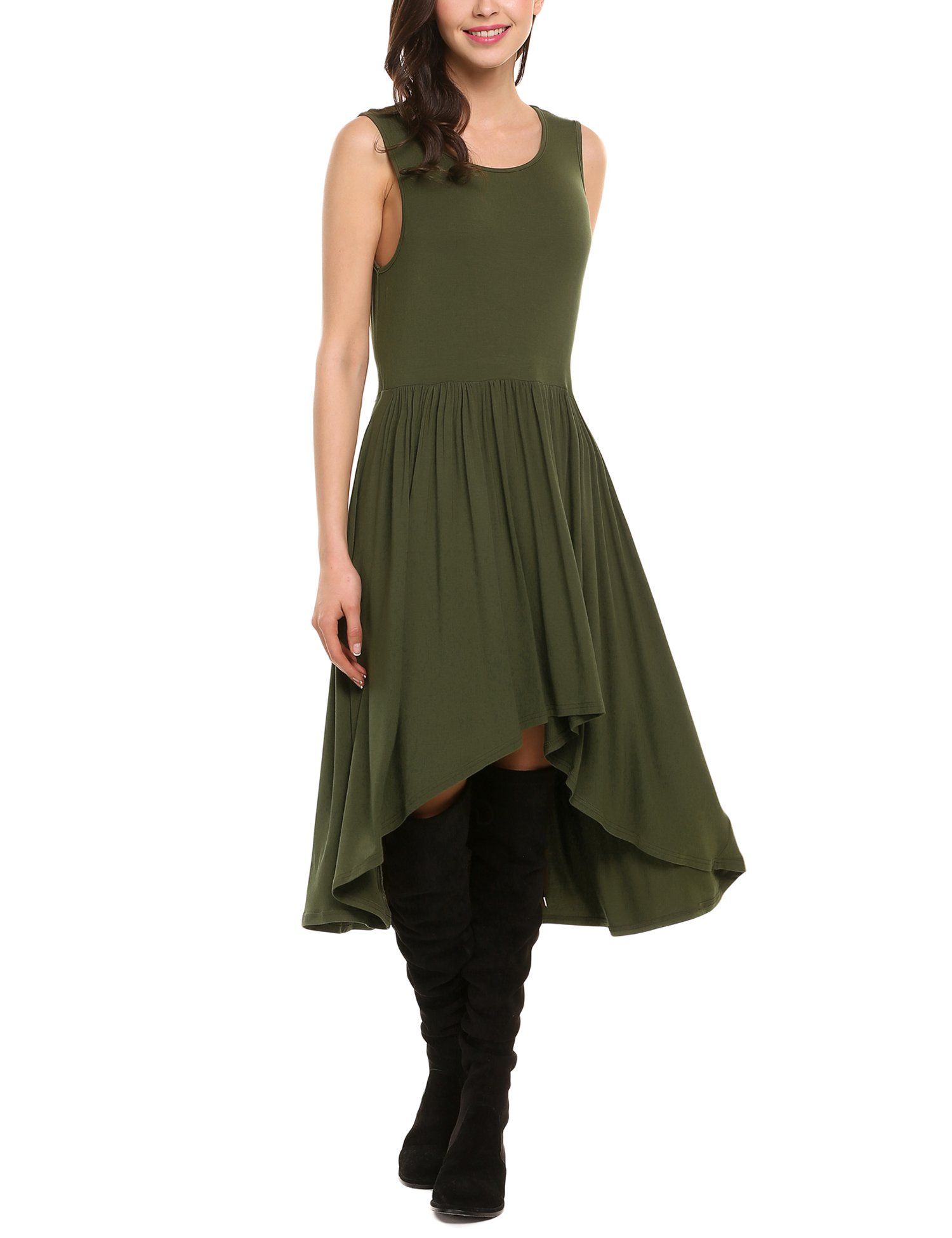 Zeagoo Women Sleeveless High Waist Pleats Detail Solid High-Low Loose Casual Dress