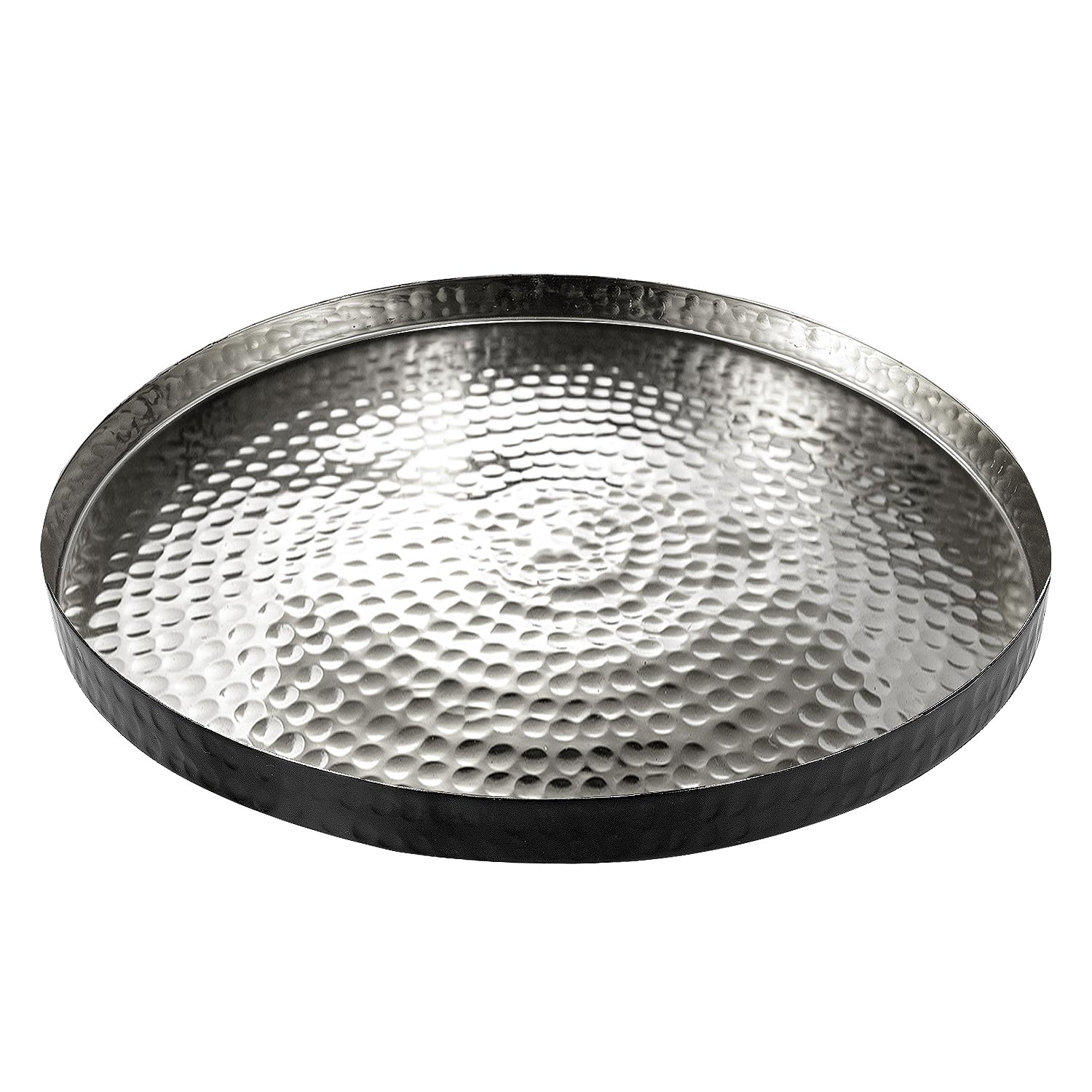 Photo 1 of MyGift 12 Inch Round Decorative Platter, Silver Tone Plated Hammered Aluminum with Matte Black Accent Serving Plate, Centerpiece Base or Vanity Tray - Handcrafted in India