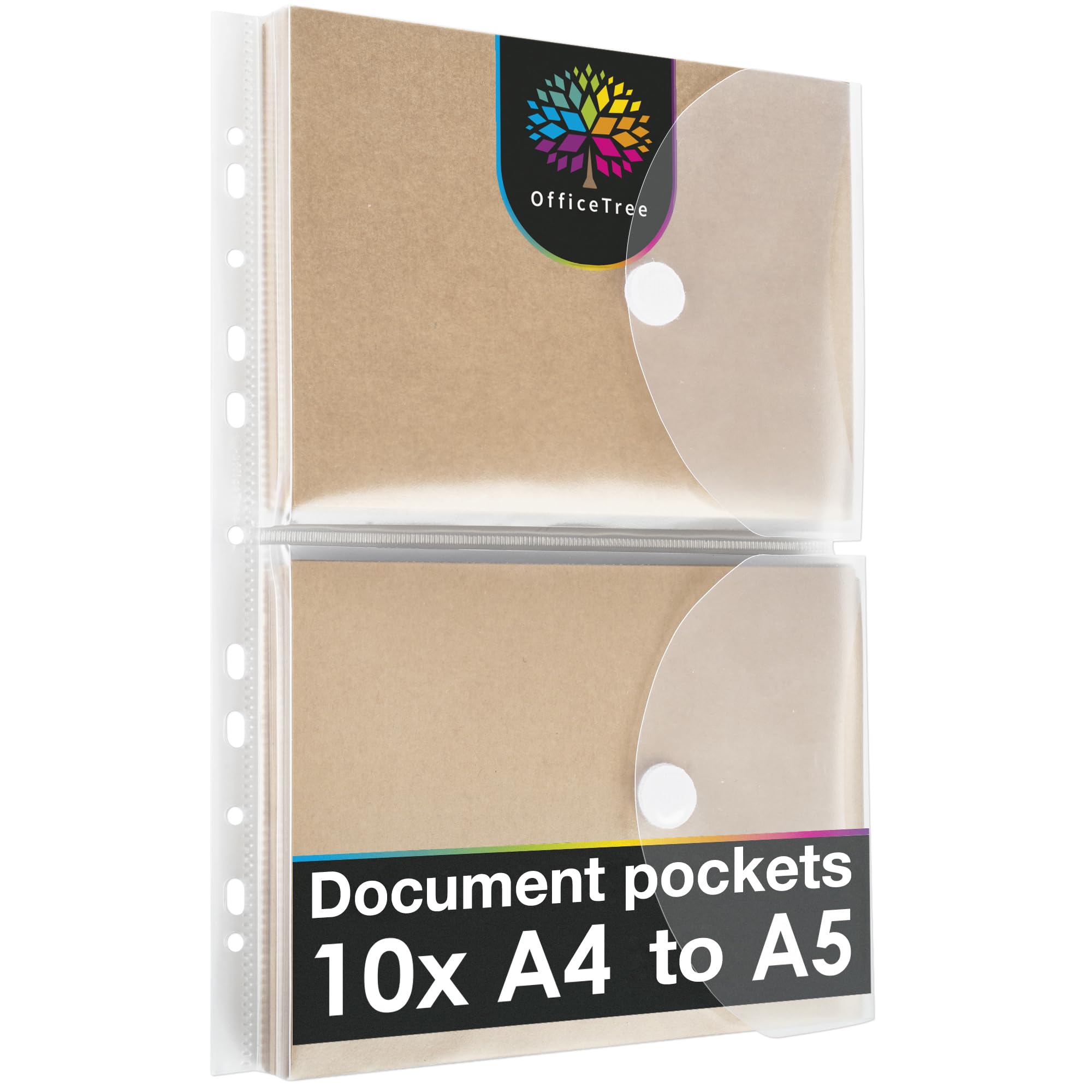 OfficeTree 10x Plastic Document Pockets A5 Folders per A4 Sheet (20pcs.) - A5 Popper Wallets with 120 Hole Reinforcer - Document Wallet with Fastener and Filing Edge