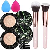 2 PCS Mushroom Head Air Cushion CC Cream Nature Foundation,Foundation Brush Powder Brush,Moisturizing Concealer, Bright Makeup Base Long Lasting (#02 Natural+#03 Warm Nude)
