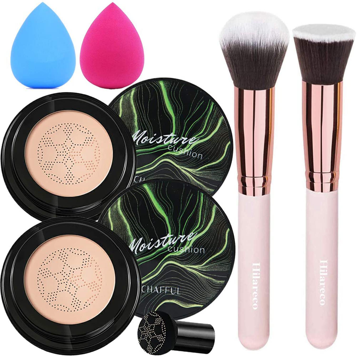 2 PCS Air Cushion CC Cream Foundation,Moisturizing Concealer Full Coverage Foundation, Nature Makeup Base with Mushroom Head Makeup Sponge,Foundation Brush,Powder Brush (Natural)