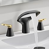 Black Bathroom Faucet 3 Hole, Modern Faucet for Bathroom Sink with Adjustable Spout, Solid Brass 8 Inch Widespread Waterfall Bathroom Faucets with Water Supply Hoses and 2 Gold Handles
