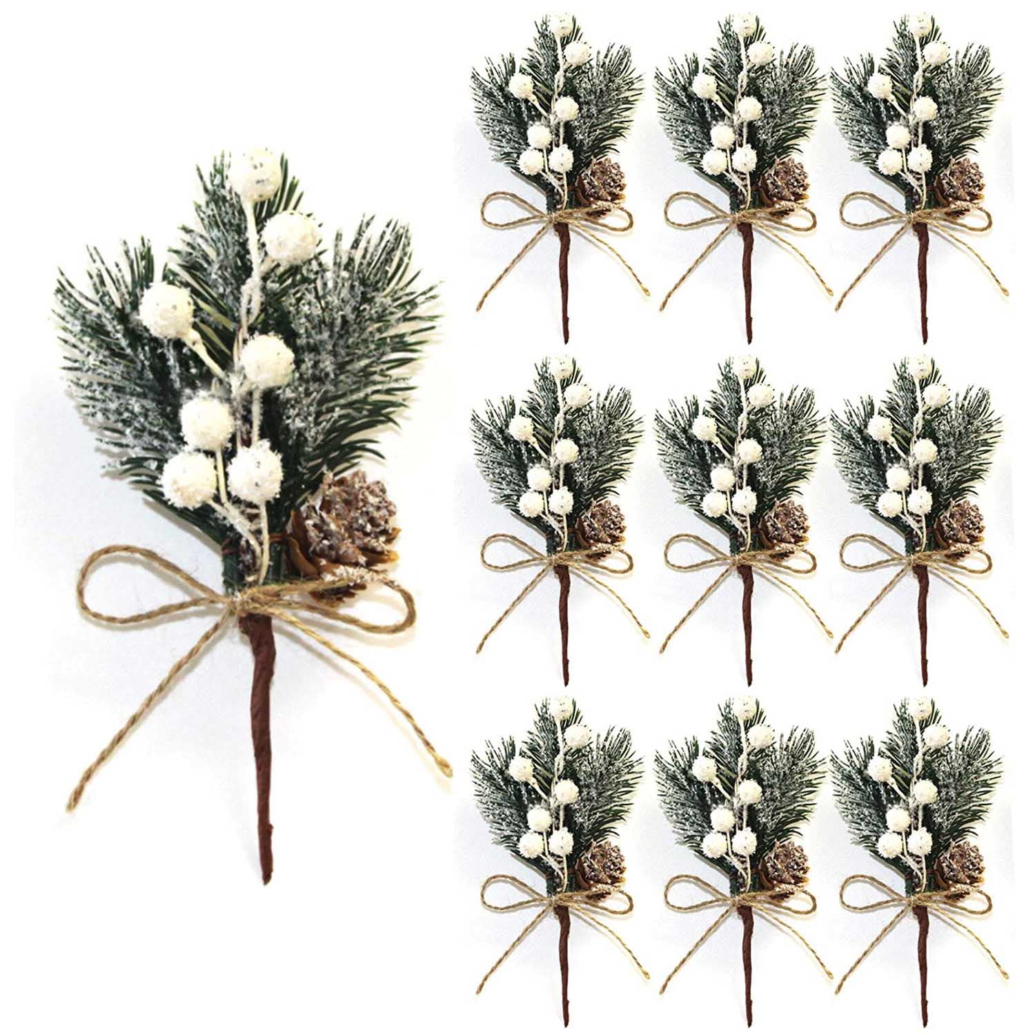 Feizeisun 10Pcs White Christmas Berries Stems, 7.8 inch Snow Covered Artificial Pine Picks and Sprays Xmas Berry Picks with Pine Cones for Christmas Tree Decorations, DIY Wreath Garland Gift Wrapping