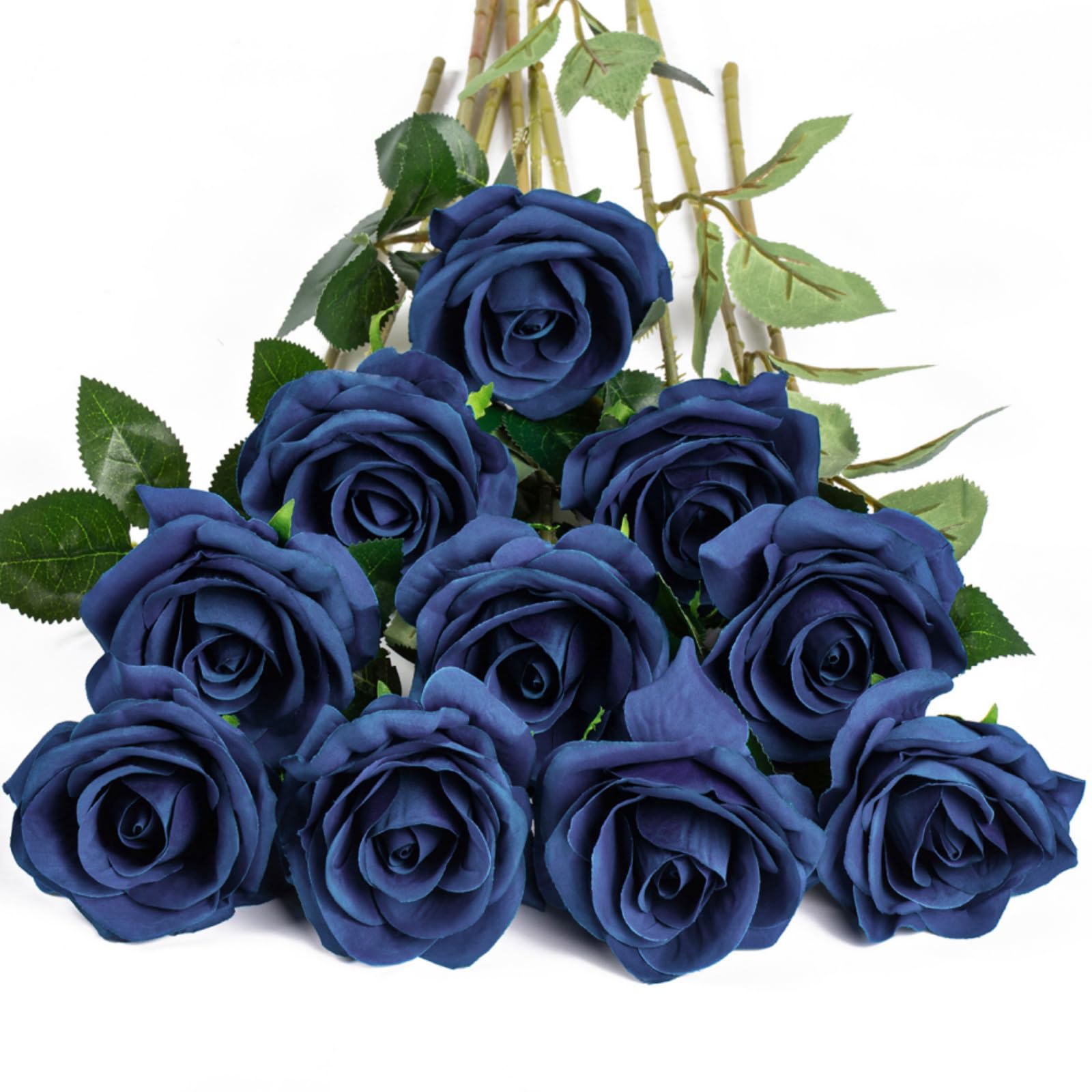 DuHouse 10Pcs Artificial Roses Fake Silk Flowers Realistic Bridal Bouquets with Single Long Plastic Stems for Arrangement Wedding Table Centerpiece Party Home Decor(Navy Blue)