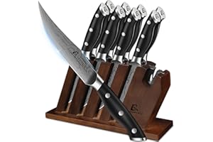 CoquusAid Steak Knives Set of 8 with Block Built-in Sharpener, 4.8 Inch Non Serrated Razor-Sharp Durable Dinner Knives, Germa