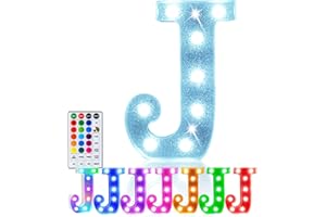 Pooqla Colorful Light Up Letters, Led Marquee Letter Light Sign Battery Powered, 18 Colors Lamp with Remote for Birthday Party Wedding Home Christmas Decoration, Glitter Silver Letter J
