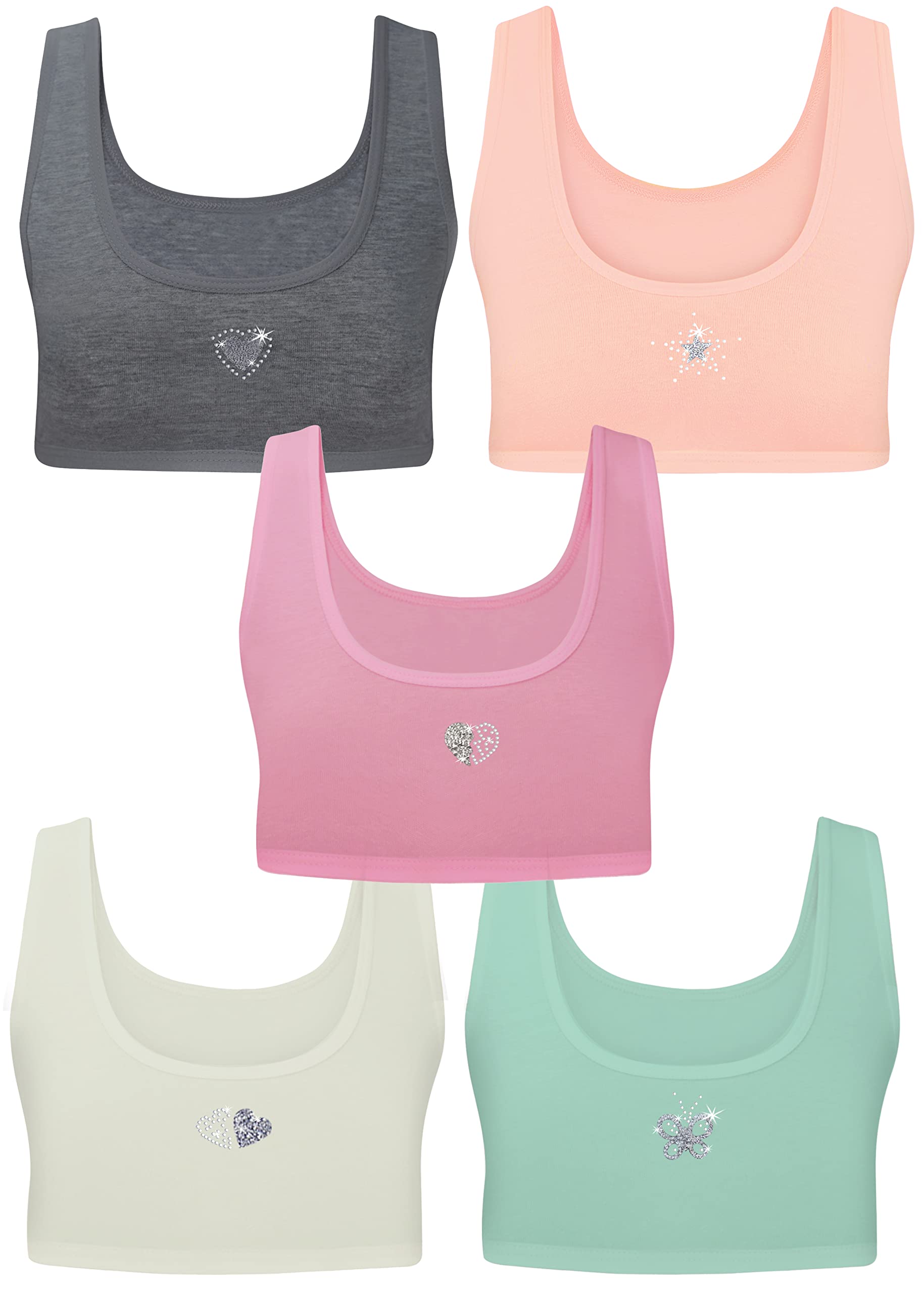 LOREZA ® Pack of 5 Girls Bustier Sports Bras Cotton - Diamante Glitter Strappy Top - 10-11 Years